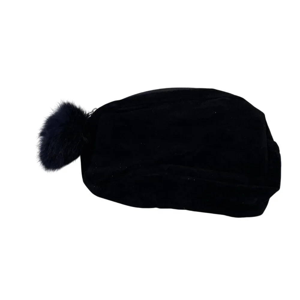 Black Velvet‎ Cosmetic Pouch With Embroidered Eyelash Design & Fluffy Pom Pom